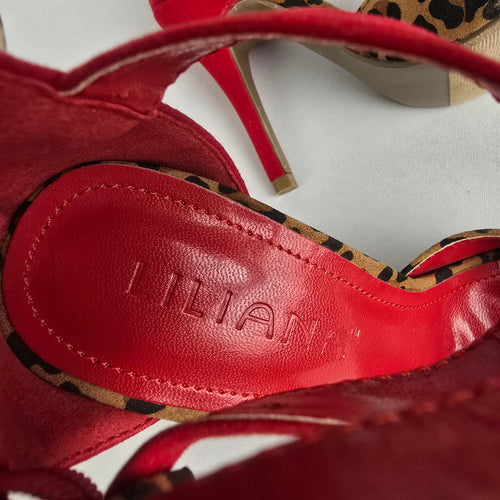 Liliana Red Animal Print Ankle Strap Heeled Shoes Size 5.5