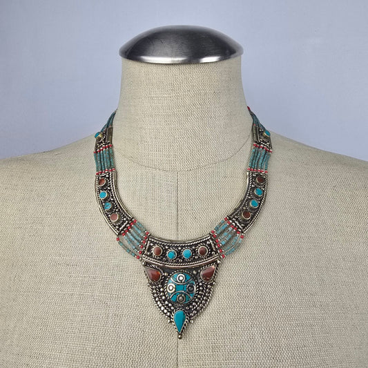 Vintage Silver Tibetan Beaded Turquoise Coral Bib Necklace