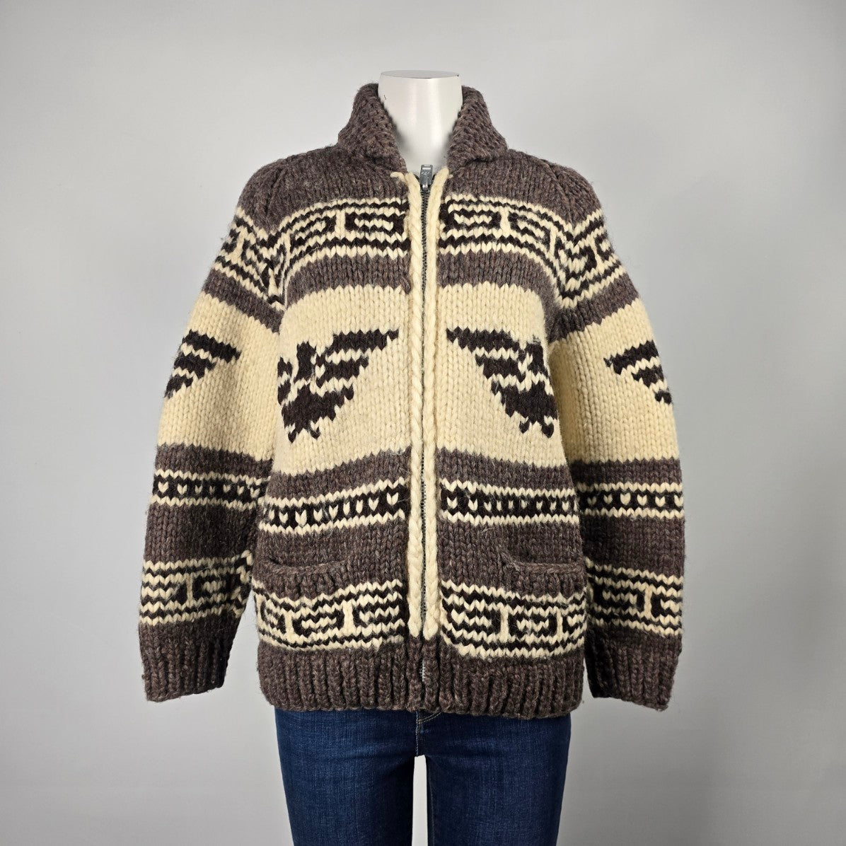 Vintage Cowichan Knit Eagle Zip Up Sweater Jacket Size M/L
