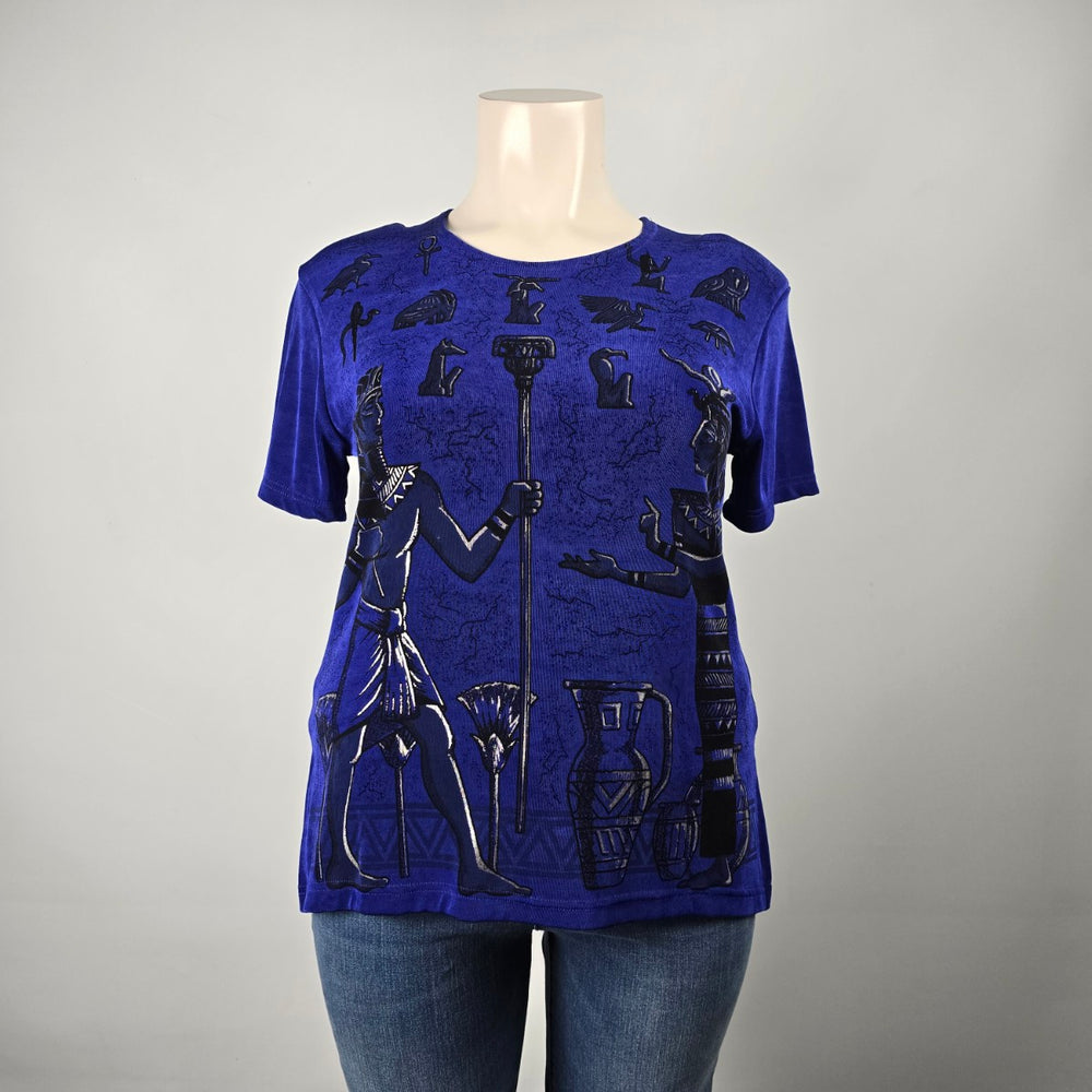 Vintage Primavera Blue Slinky Jersey Egyptian Print Top Size S/M