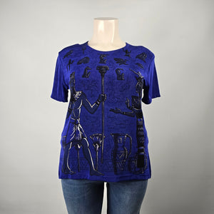 Vintage Primavera Blue Slinky Jersey Egyptian Print Top Size S/M
