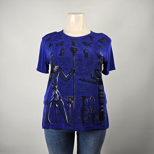 Vintage Primavera Blue Slinky Jersey Egyptian Print Top Size S/M