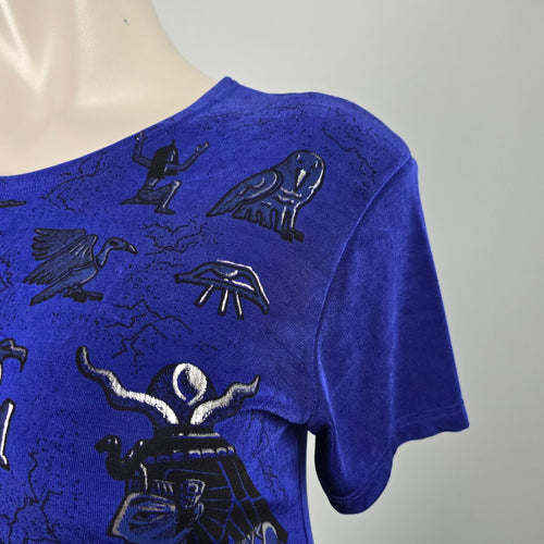 Vintage Primavera Blue Slinky Jersey Egyptian Print Top Size S/M