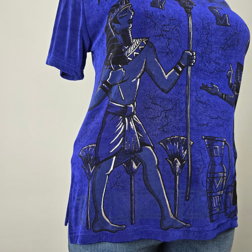 Vintage Primavera Blue Slinky Jersey Egyptian Print Top Size S/M