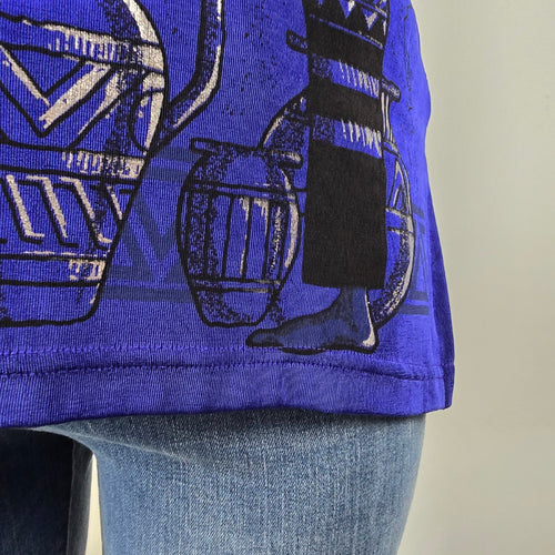 Vintage Primavera Blue Slinky Jersey Egyptian Print Top Size S/M