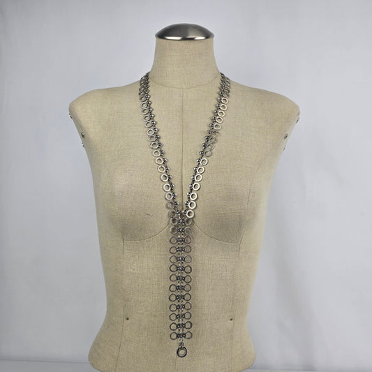 Silver Tone Circle Detail Lariat Statement Necklace