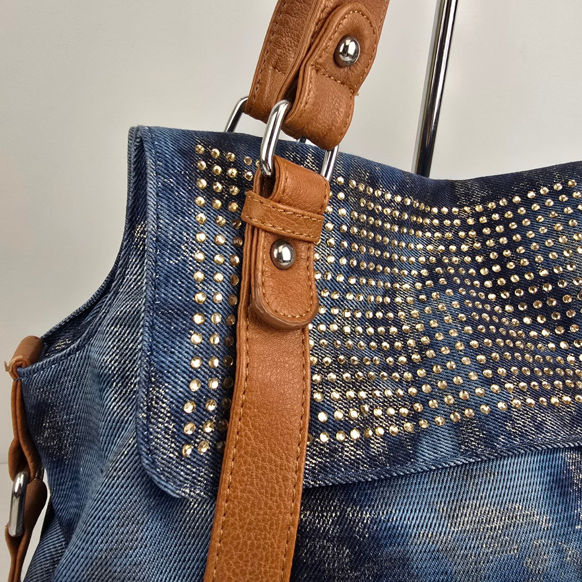 MMS Blue Denim Studded Shoulder Purse