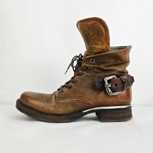 AS98 Brown Leather Strappy Ankle Boots Size 6
