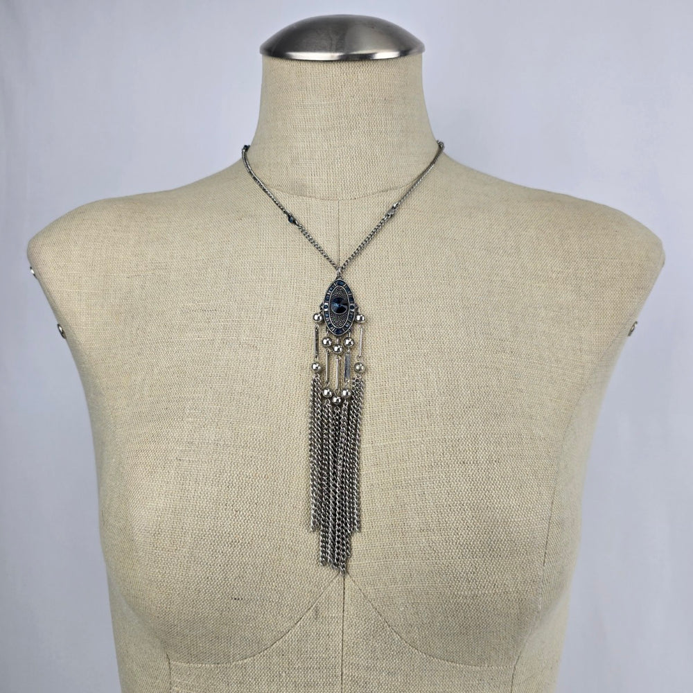 Silver & Blue Rhinestone Fringe Necklace