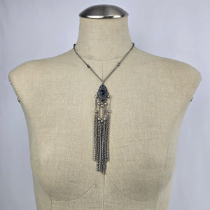 Silver & Blue Rhinestone Fringe Necklace