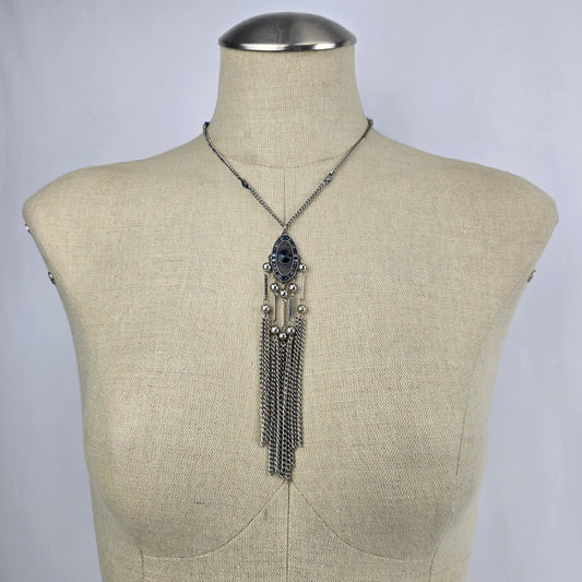Silver & Blue Rhinestone Fringe Necklace