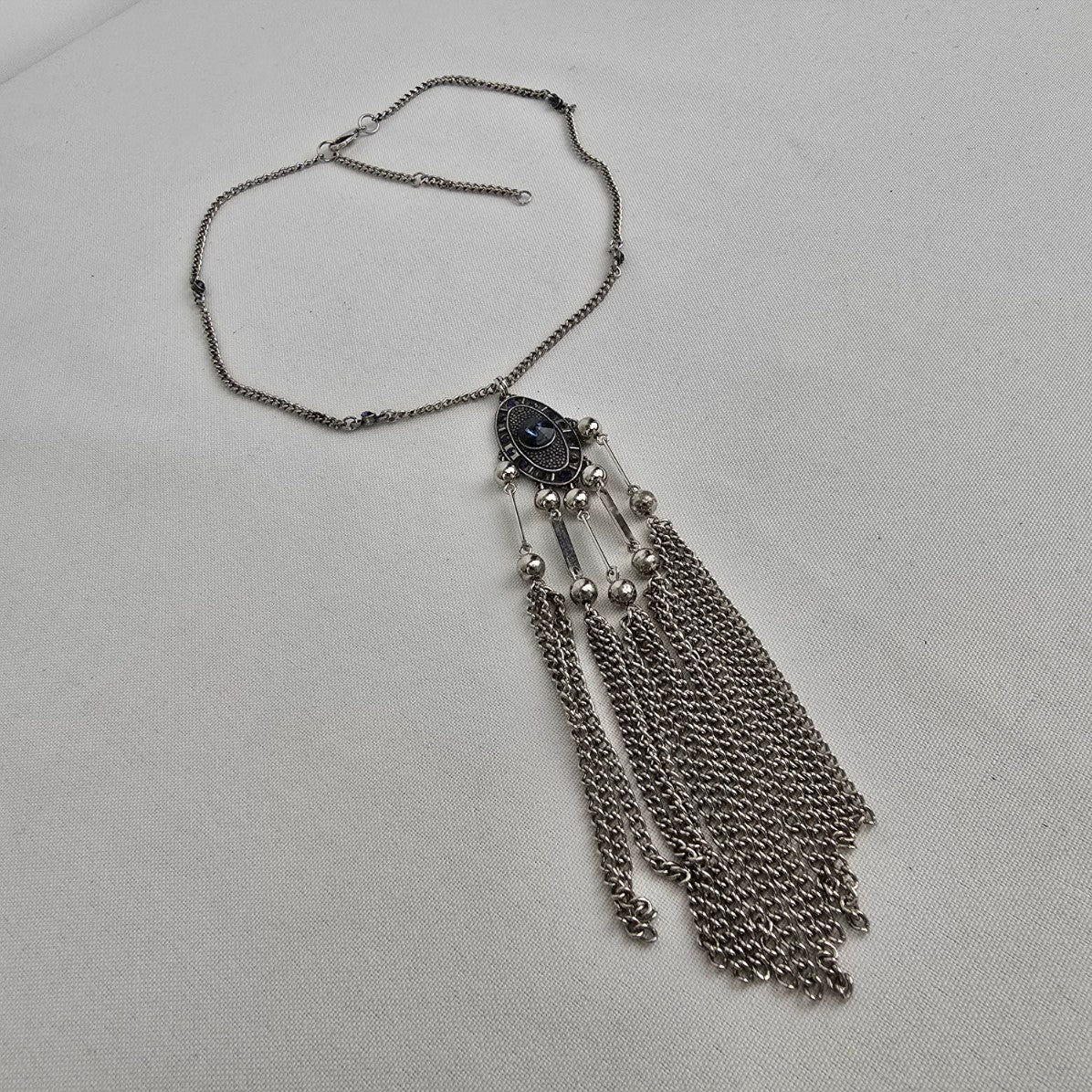 Silver & Blue Rhinestone Fringe Necklace