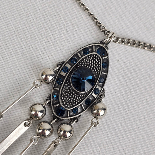 Silver & Blue Rhinestone Fringe Necklace