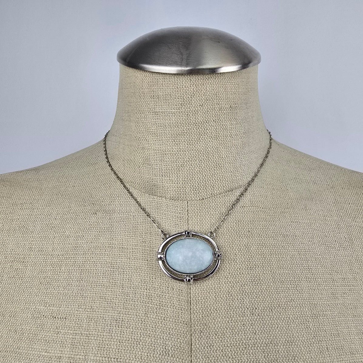 Silver Tone Blue Stone Pendant Necklace & Earrings