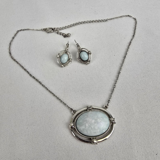 Silver Tone Blue Stone Pendant Necklace & Earrings