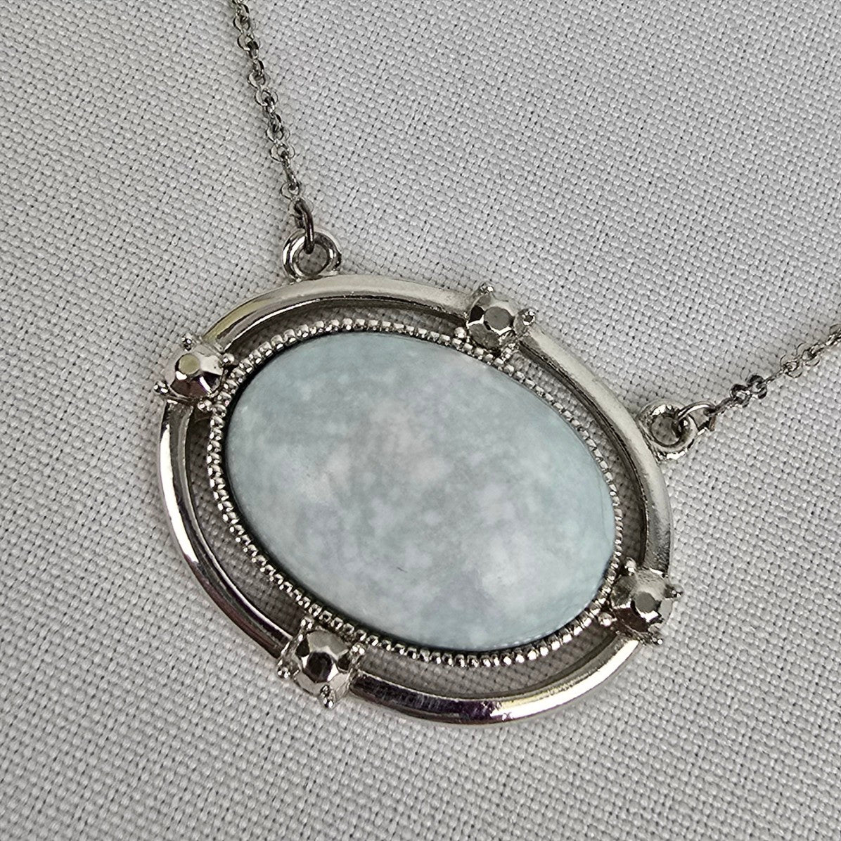 Silver Tone Blue Stone Pendant Necklace & Earrings