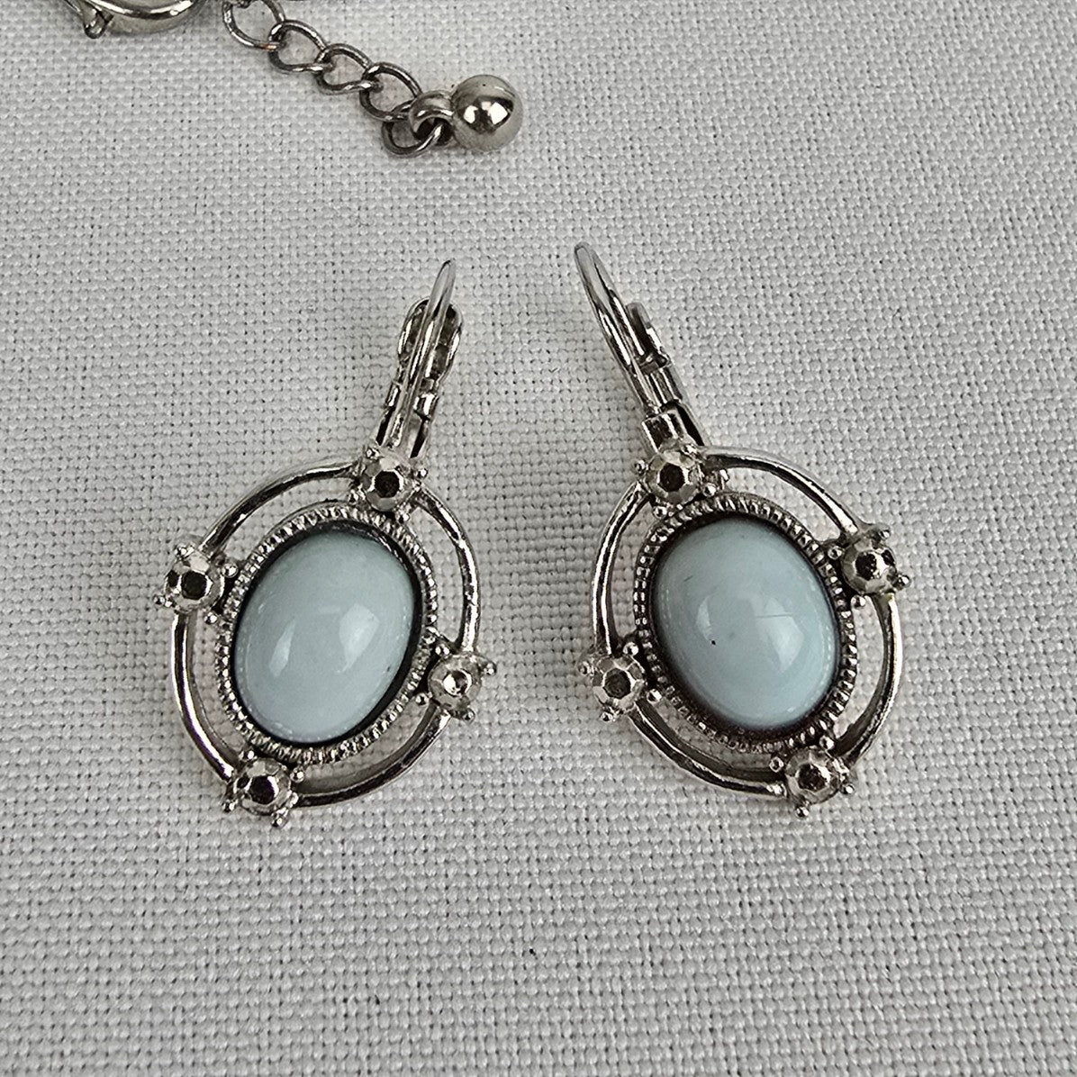 Silver Tone Blue Stone Pendant Necklace & Earrings