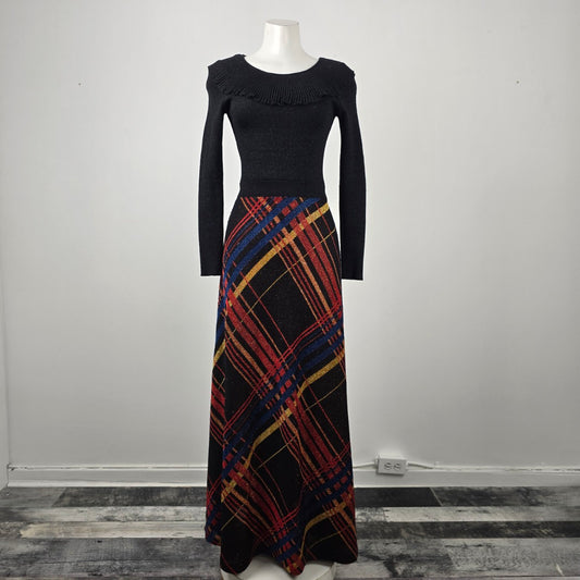 Vintage Wool Black & Red Metallic Knit Long Gown Dress Size S