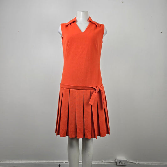 Vintage Colette Trevira Orange Drop Waist Pleated Skirt Dress Size M