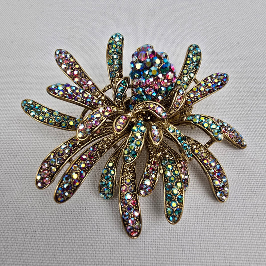 Gold Rainbow Crystal Rhinestone Flower Brooch