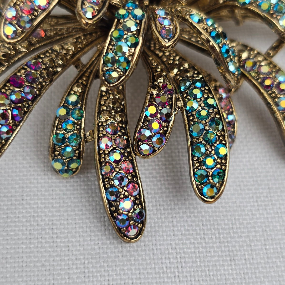 Gold Rainbow Crystal Rhinestone Flower Brooch