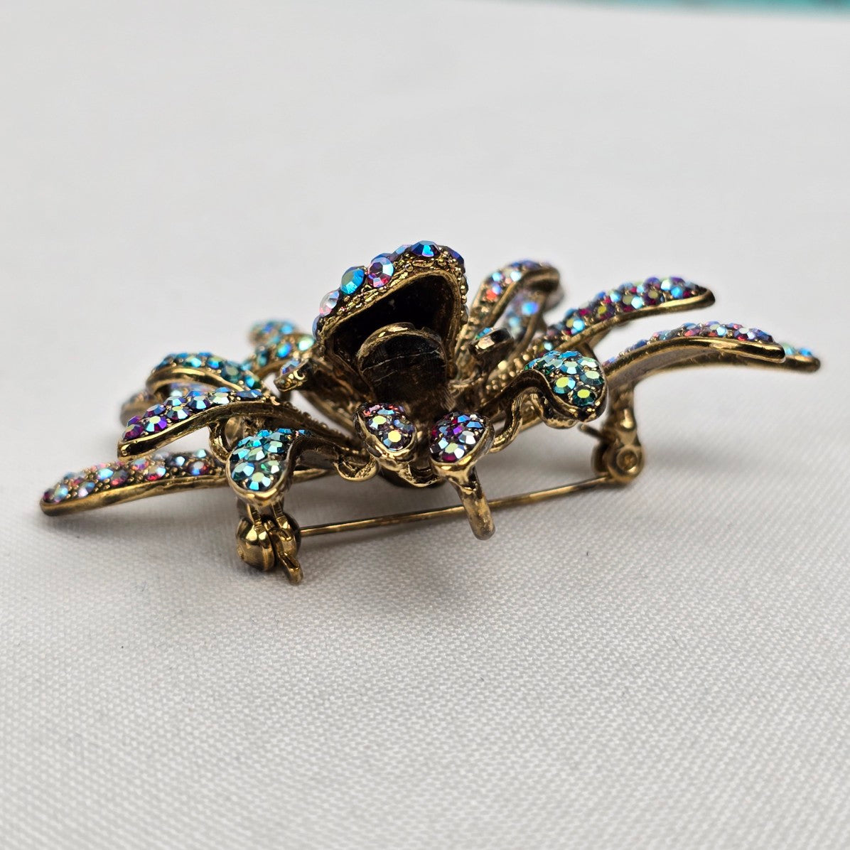 Gold Rainbow Crystal Rhinestone Flower Brooch
