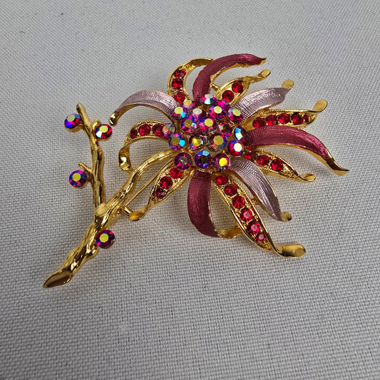 Gold Red Crystal Rhinestone Flower Brooch