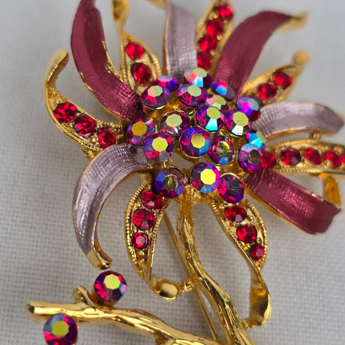 Gold Red Crystal Rhinestone Flower Brooch