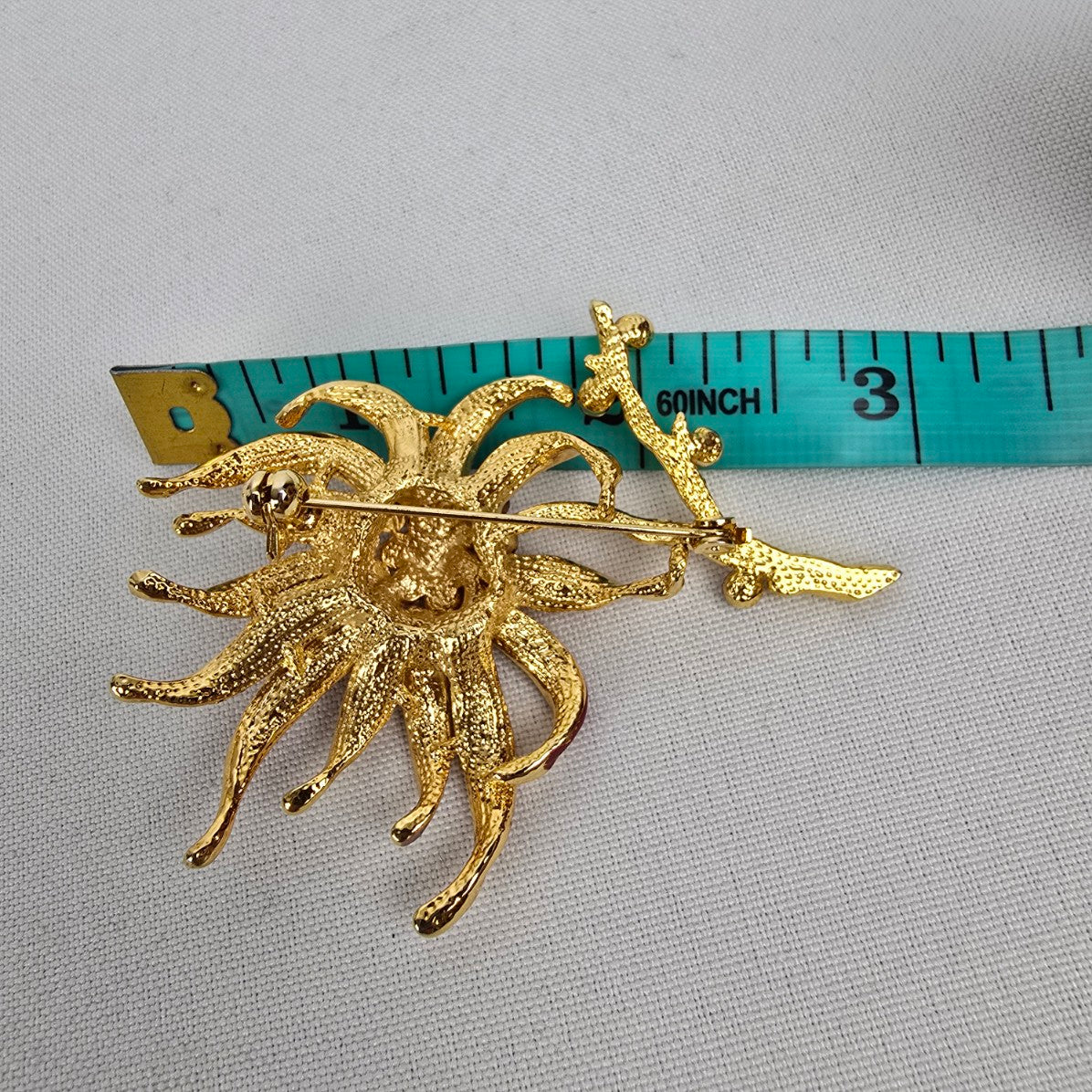 Gold Red Crystal Rhinestone Flower Brooch