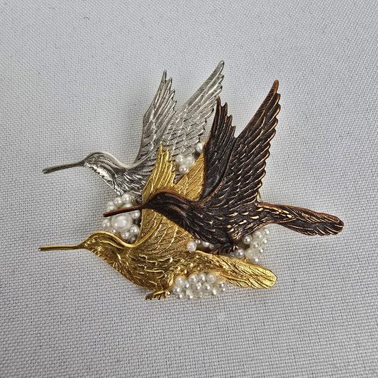 Handmade Bird In Flight Brooch Faux Pearl Multi Tone