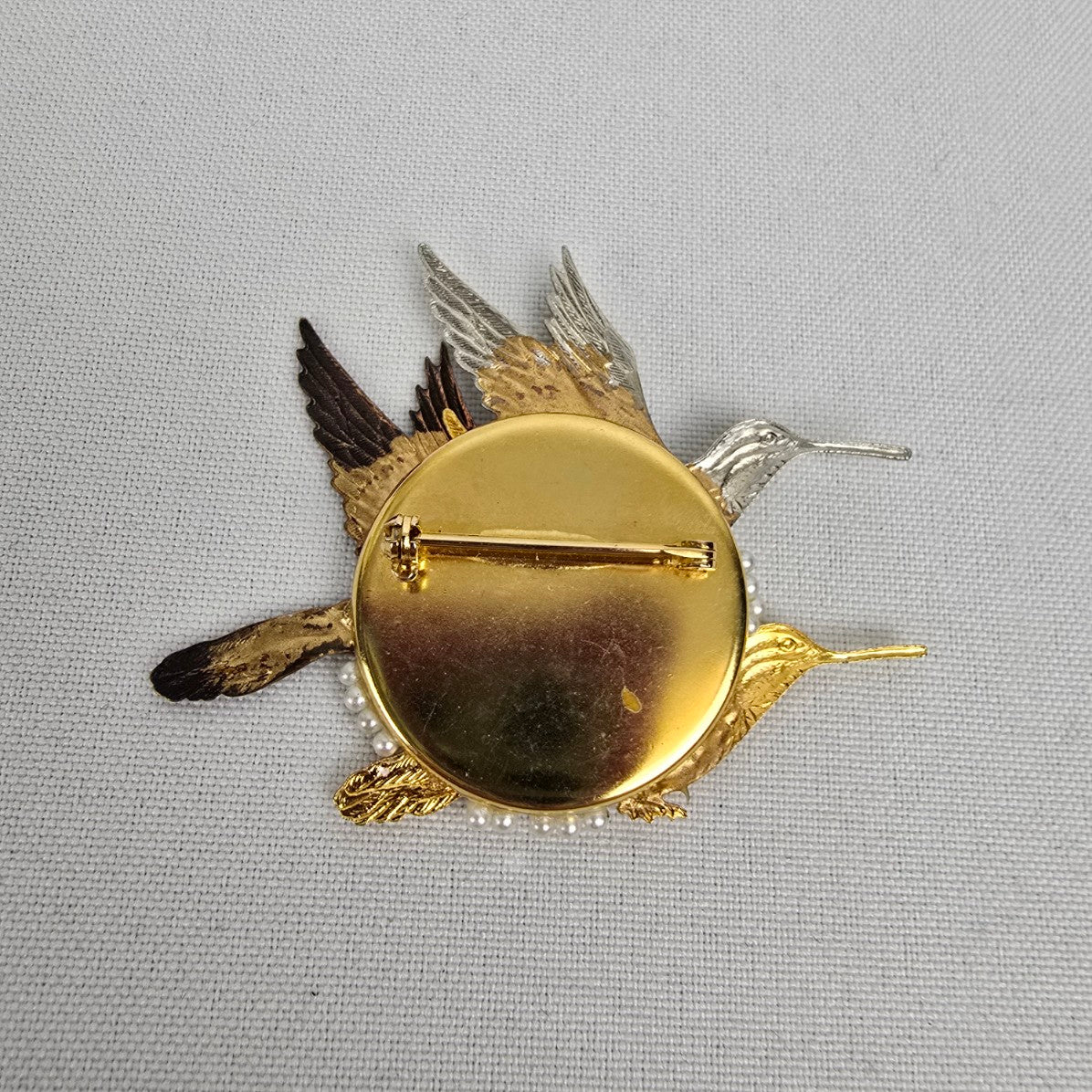 Handmade Bird In Flight Brooch Faux Pearl Multi Tone