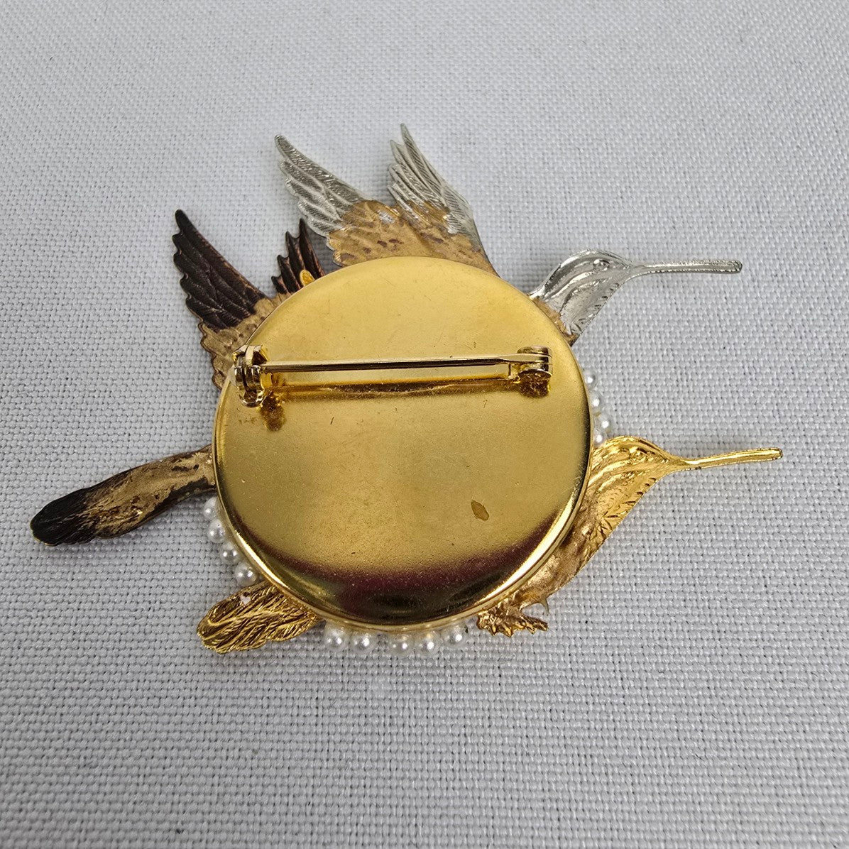 Handmade Bird In Flight Brooch Faux Pearl Multi Tone