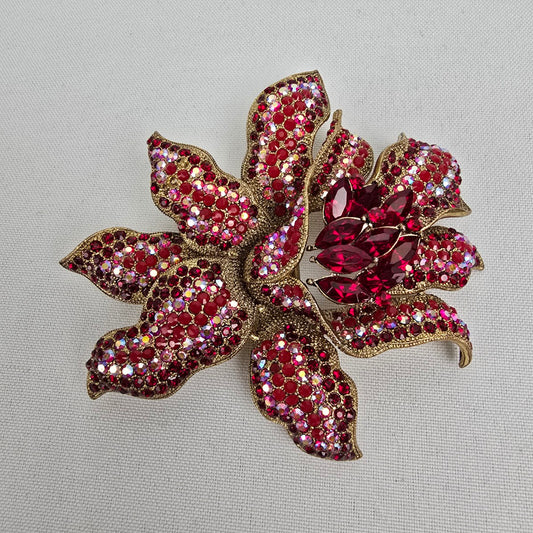 Gold & Red Rhinestone Oversize Flower Statement Brooch