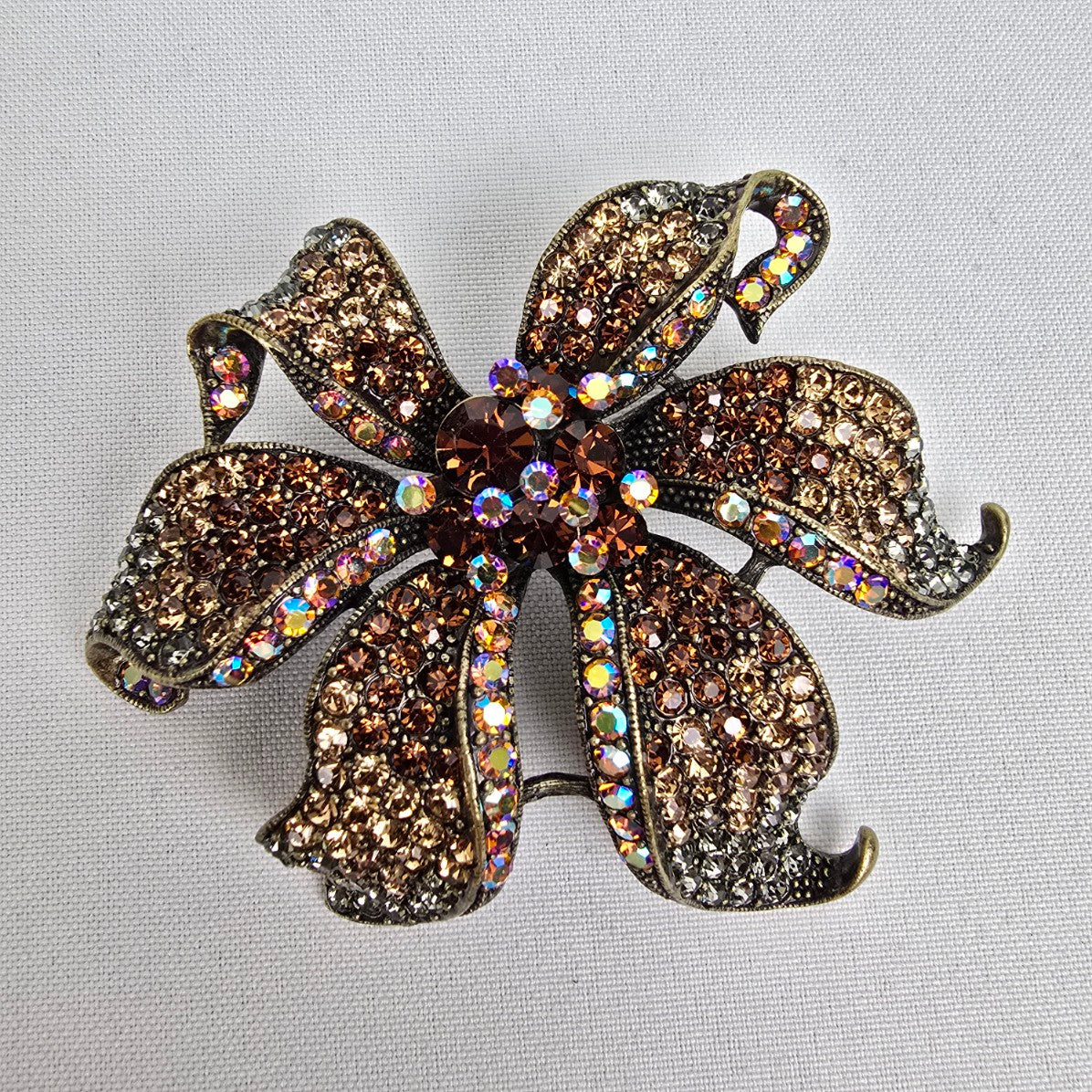 Janus Bronze Crystal Rhinestone Oversize Flower Brooch