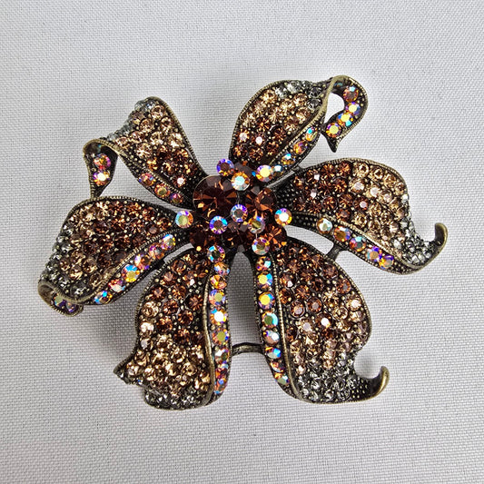 Janus Bronze Crystal Rhinestone Oversize Flower Brooch