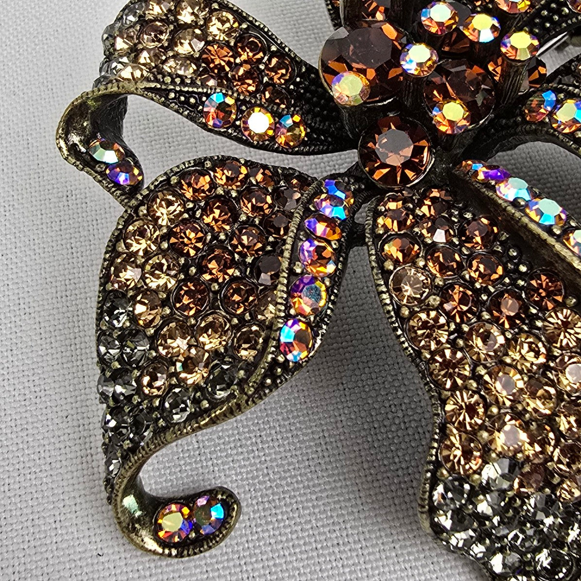 Janus Bronze Crystal Rhinestone Oversize Flower Brooch
