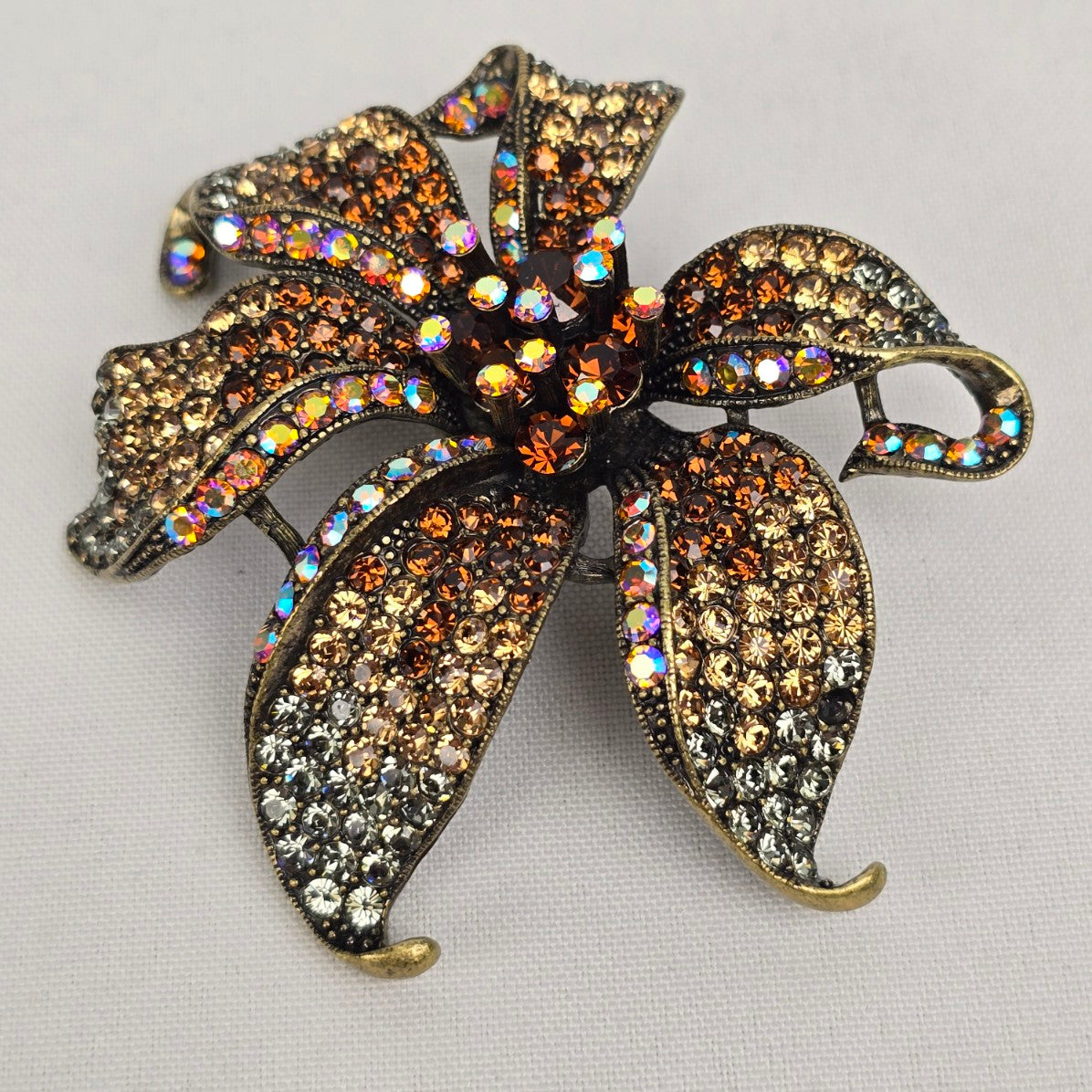 Janus Bronze Crystal Rhinestone Oversize Flower Brooch