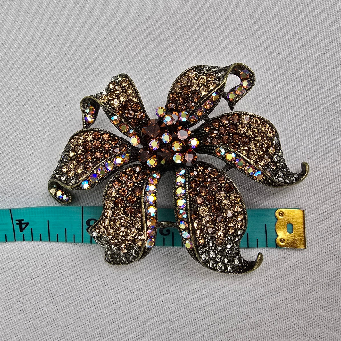 Janus Bronze Crystal Rhinestone Oversize Flower Brooch