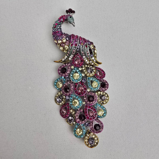 Purple Crystal Rhinestone Oversize Peacock Brooch