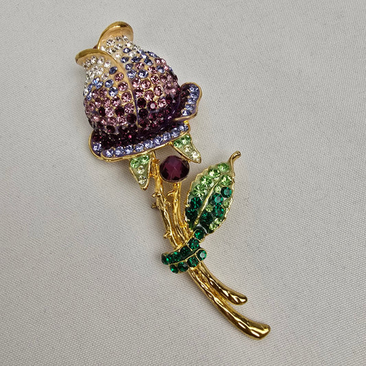Purple Oversize Crystal Rhinestone Rose Flower Brooch