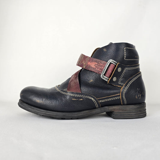 Fly London Saji Black Leather Distressed Moto Ankle Boots Size 9