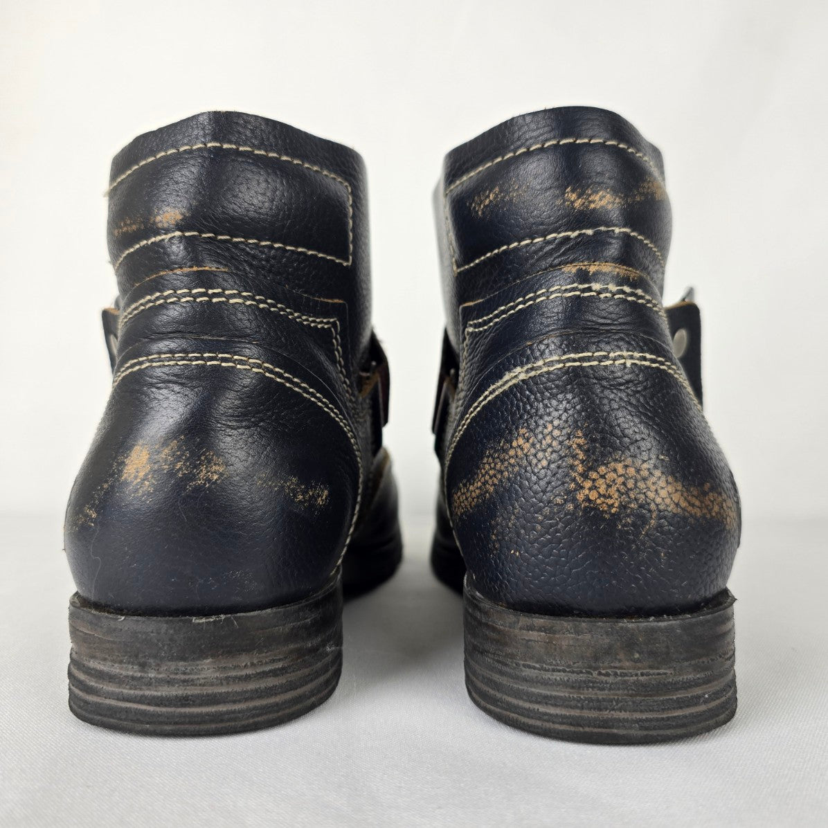 Fly London Saji Black Leather Distressed Moto Ankle Boots Size 9