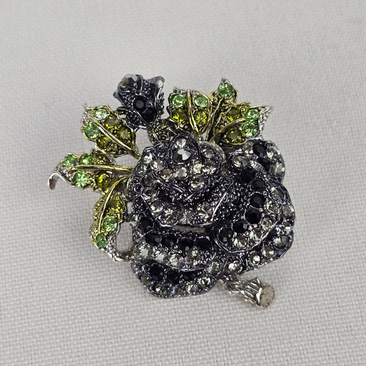 Black Rose Rhinestone Brooch