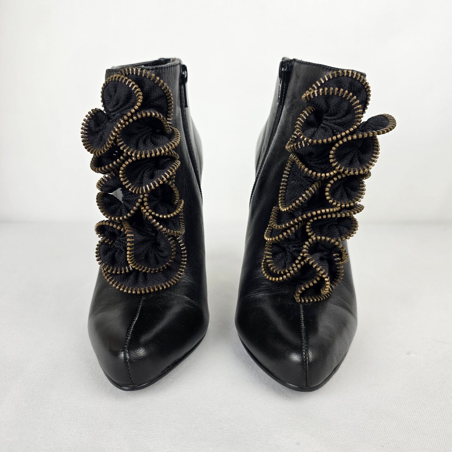 Attitude Stella Black Leather Zipper Ruffle Heeled Boots Size 6