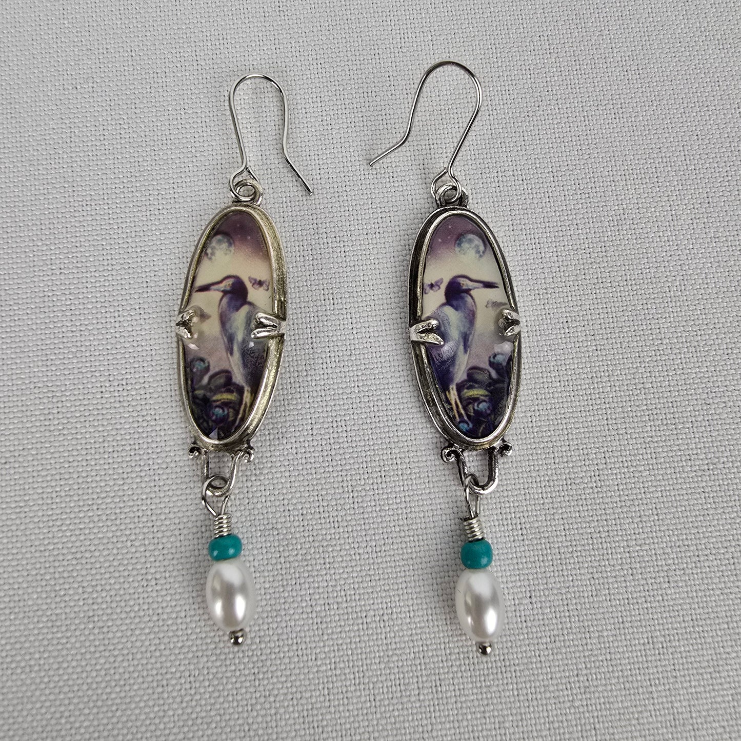 Silver Tone Bird Faux Pearl Drop Earrings