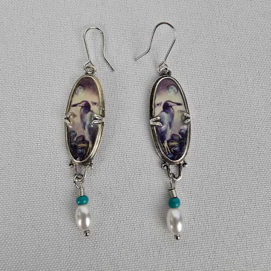 Silver Tone Bird Faux Pearl Drop Earrings