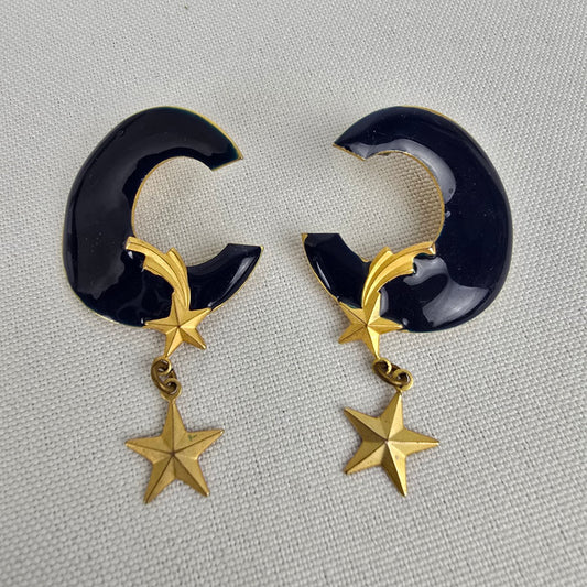Vintage Gold & Navy Moon & Stars Earrings