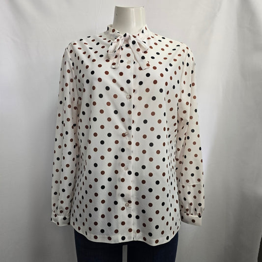Vintage Tan Jay Brown & Black Polka Dot Neck Tie Blouse Size L