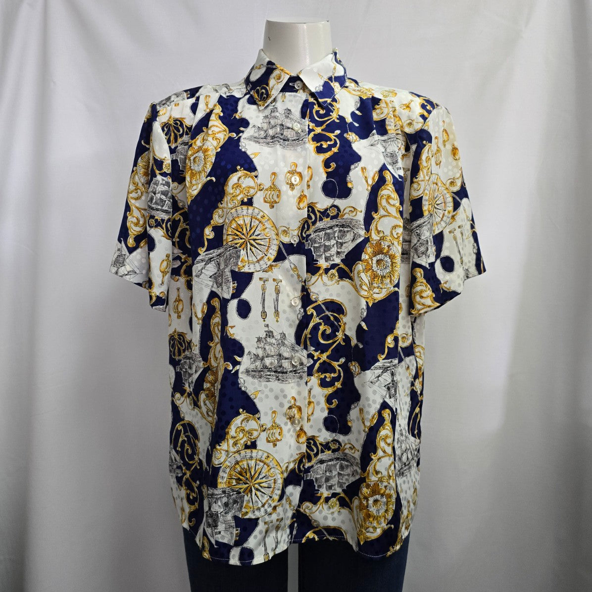 Style Rite Blouse Blue & Gold Nautical Print Button Up Blouse Size XL