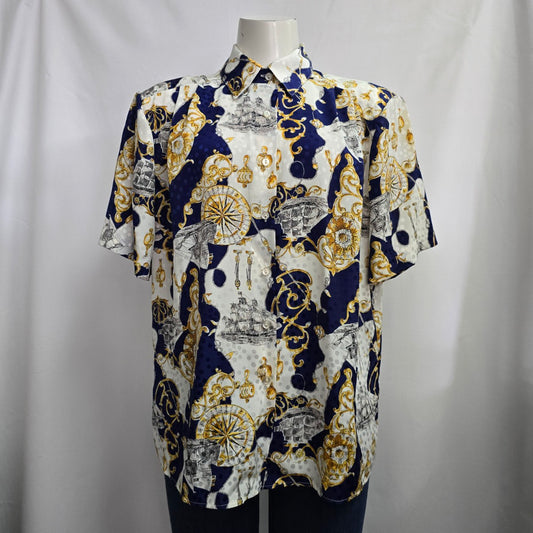 Style Rite Blouse Blue & Gold Nautical Print Button Up Blouse Size XL